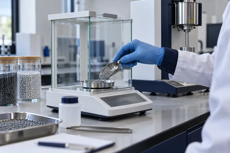 Weighing recycled polymer samples in a testing laboratory